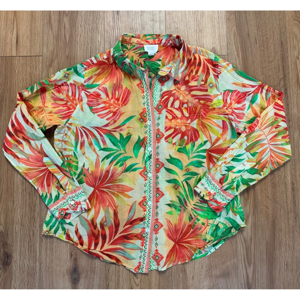 Sigrid Olsen Women Small Tropical Cotton Button Down Shirt Floral Palm Orange S - Picture 2 of 8